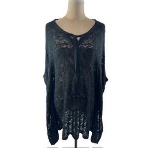 "ONE A" Black Crochet Bathing Suit Cover Up, Size XL, Keyhole front W/Tassel Tie